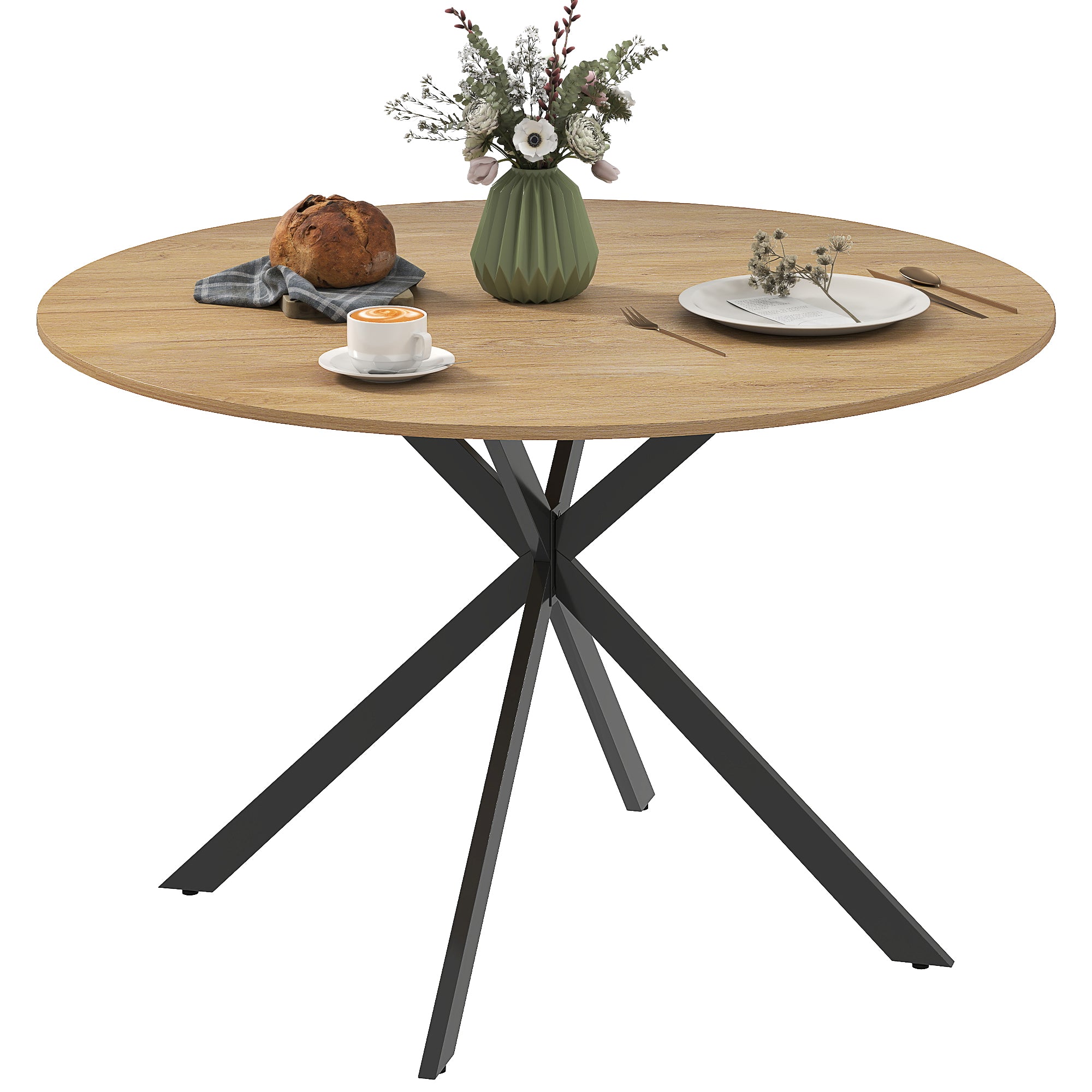 Round Dining Table for 4 Persons, Ø120 Kitchen Table in Industrial Style with Steel Legs, for Dining Room, Kitchen, Home Office, Oak