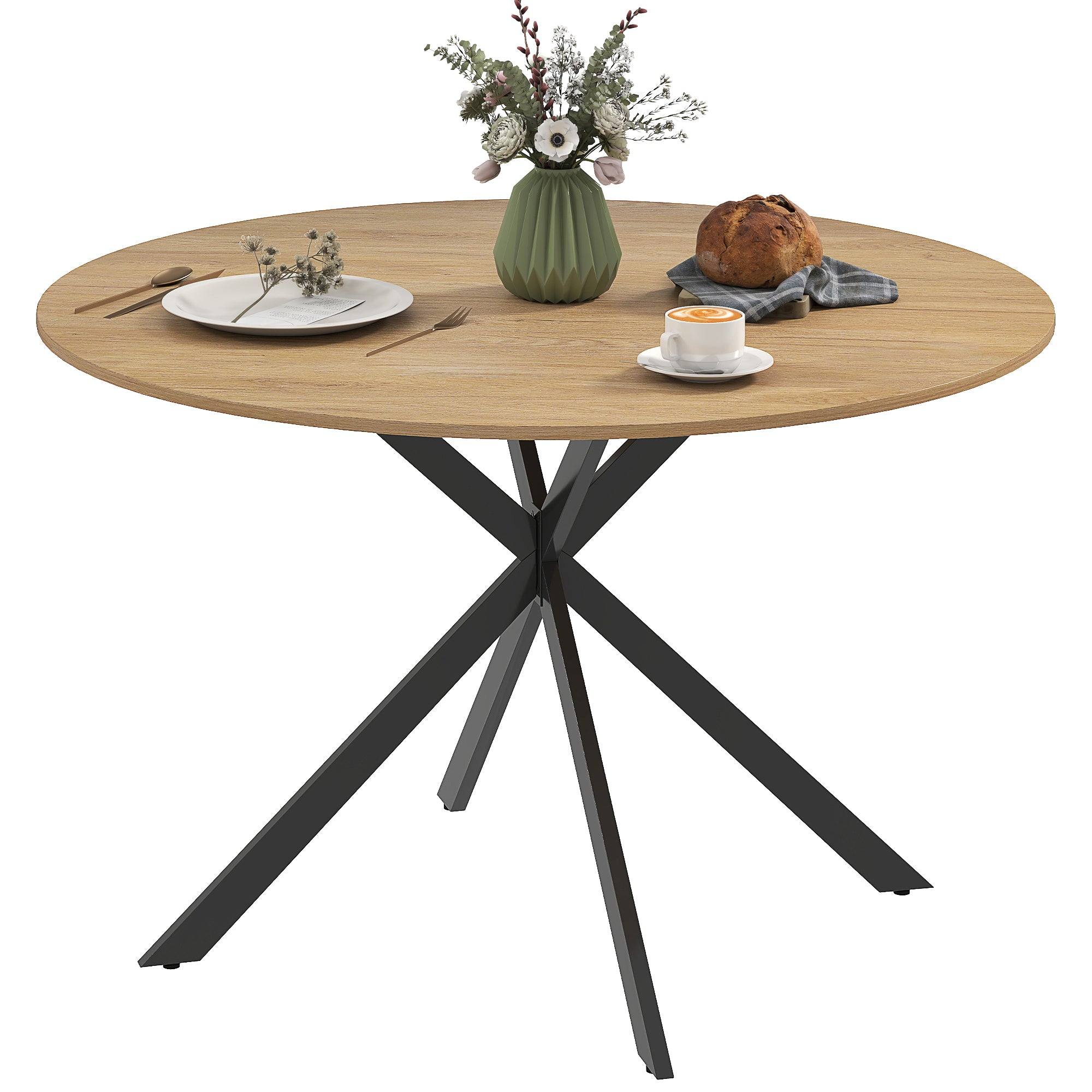 Round Dining Table for 4 Persons, Ø120 Kitchen Table in Industrial Style with Steel Legs, for Dining Room, Kitchen, Home Office, Oak