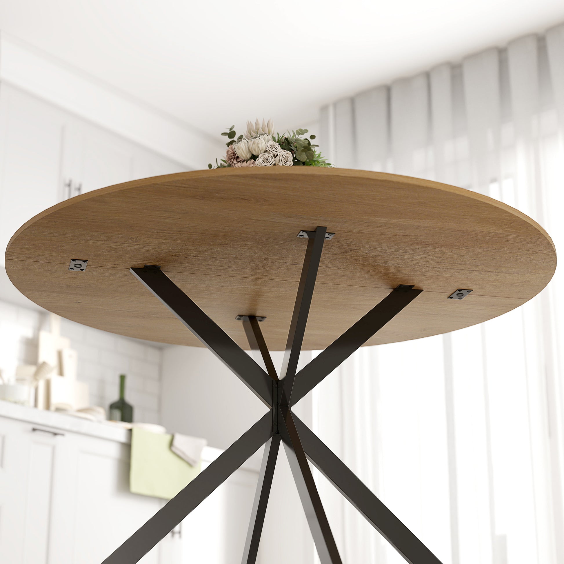 Round Dining Table for 4 Persons, Ø120 Kitchen Table in Industrial Style with Steel Legs, for Dining Room, Kitchen, Home Office, Oak