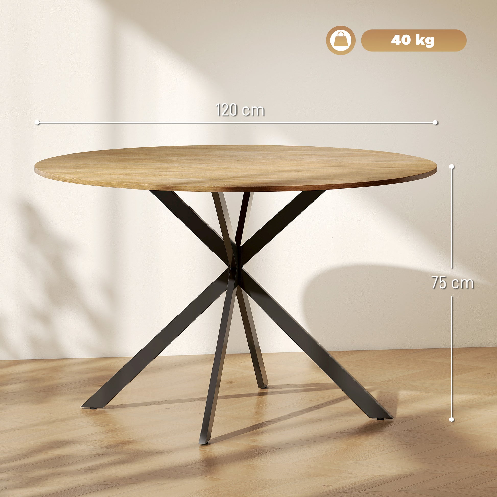 Round Dining Table for 4 Persons, Ø120 Kitchen Table in Industrial Style with Steel Legs, for Dining Room, Kitchen, Home Office, Oak
