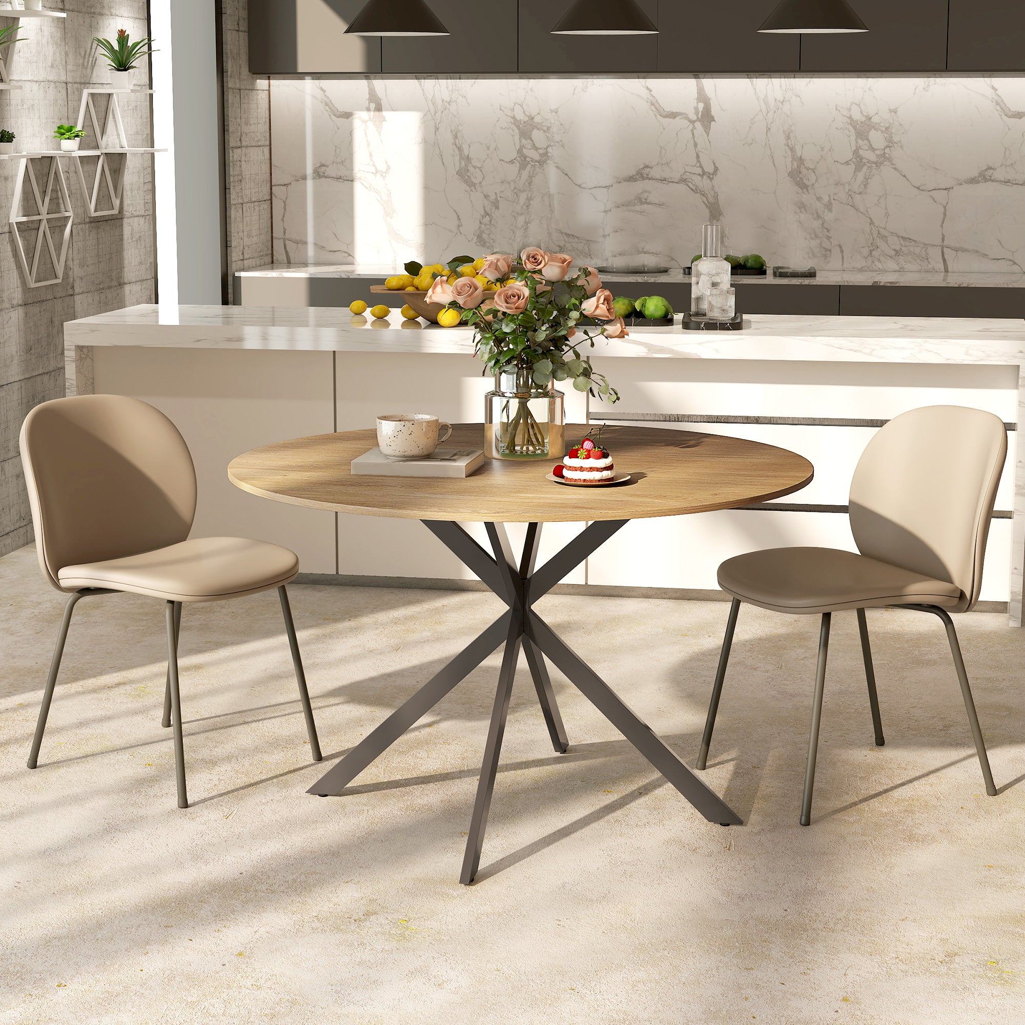 Round Dining Table for 4 Persons, Ø120 Kitchen Table in Industrial Style with Steel Legs, for Dining Room, Kitchen, Home Office, Oak