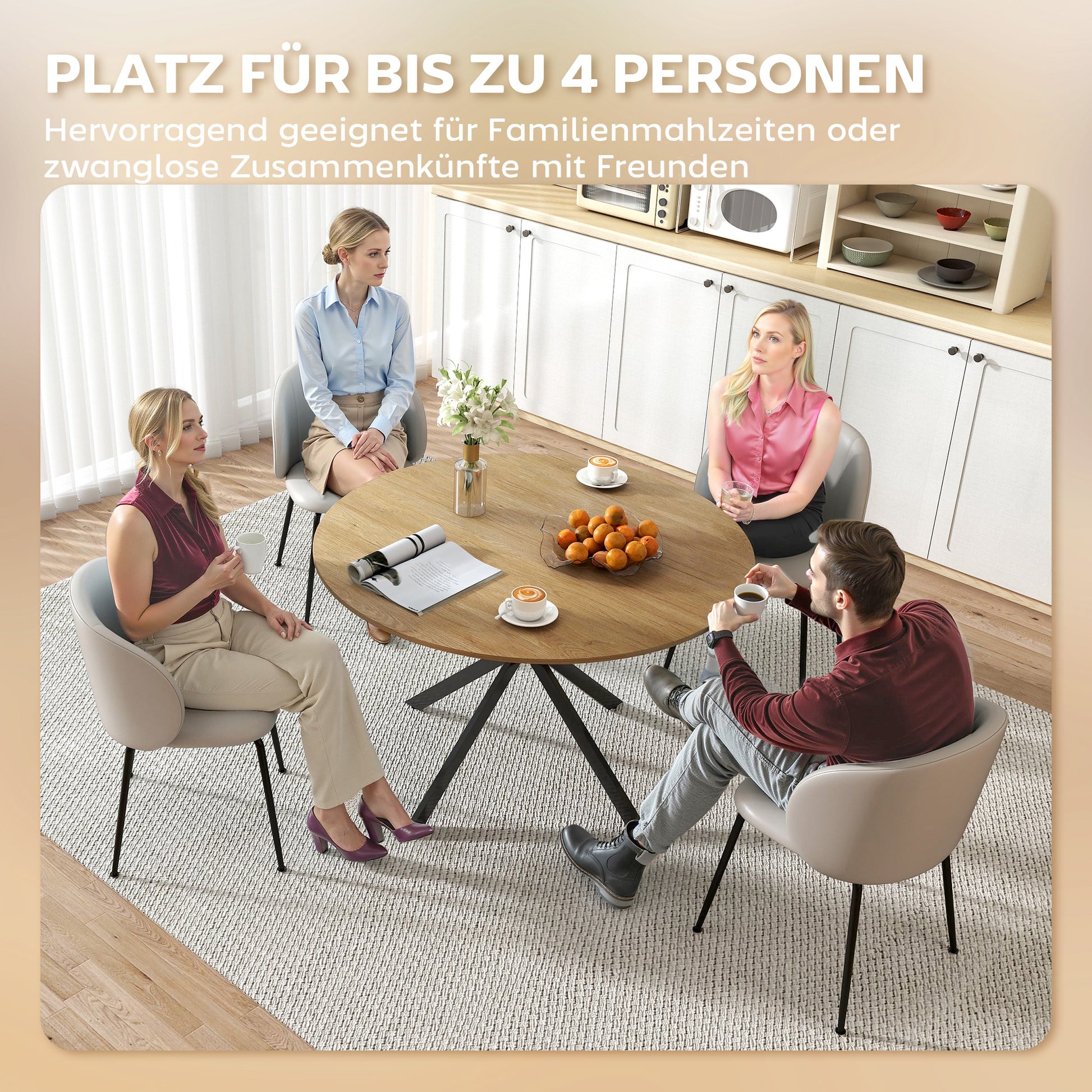Round Dining Table for 4 Persons, Ø120 Kitchen Table in Industrial Style with Steel Legs, for Dining Room, Kitchen, Home Office, Oak