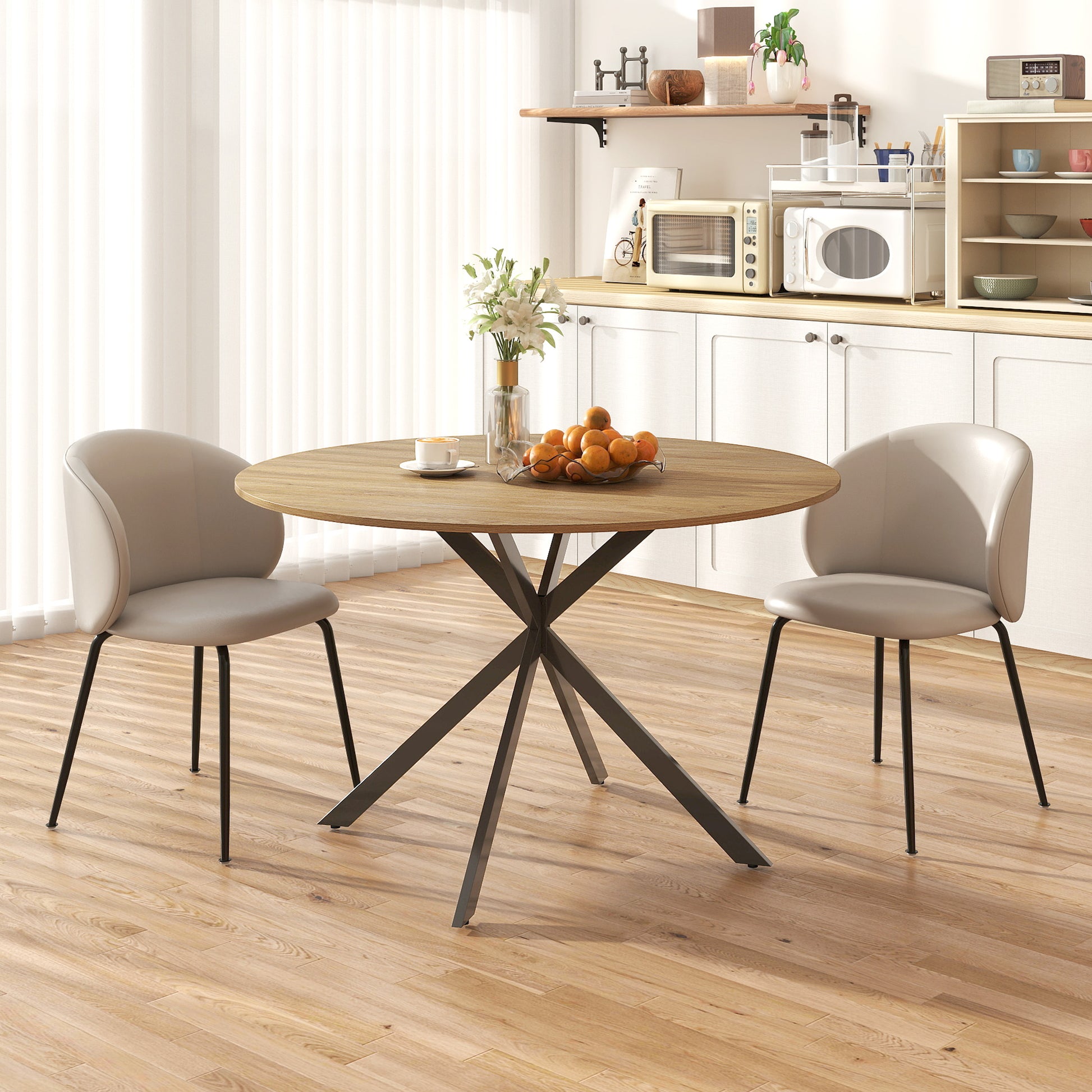 Round Dining Table for 4 Persons, Ø120 Kitchen Table in Industrial Style with Steel Legs, for Dining Room, Kitchen, Home Office, Oak