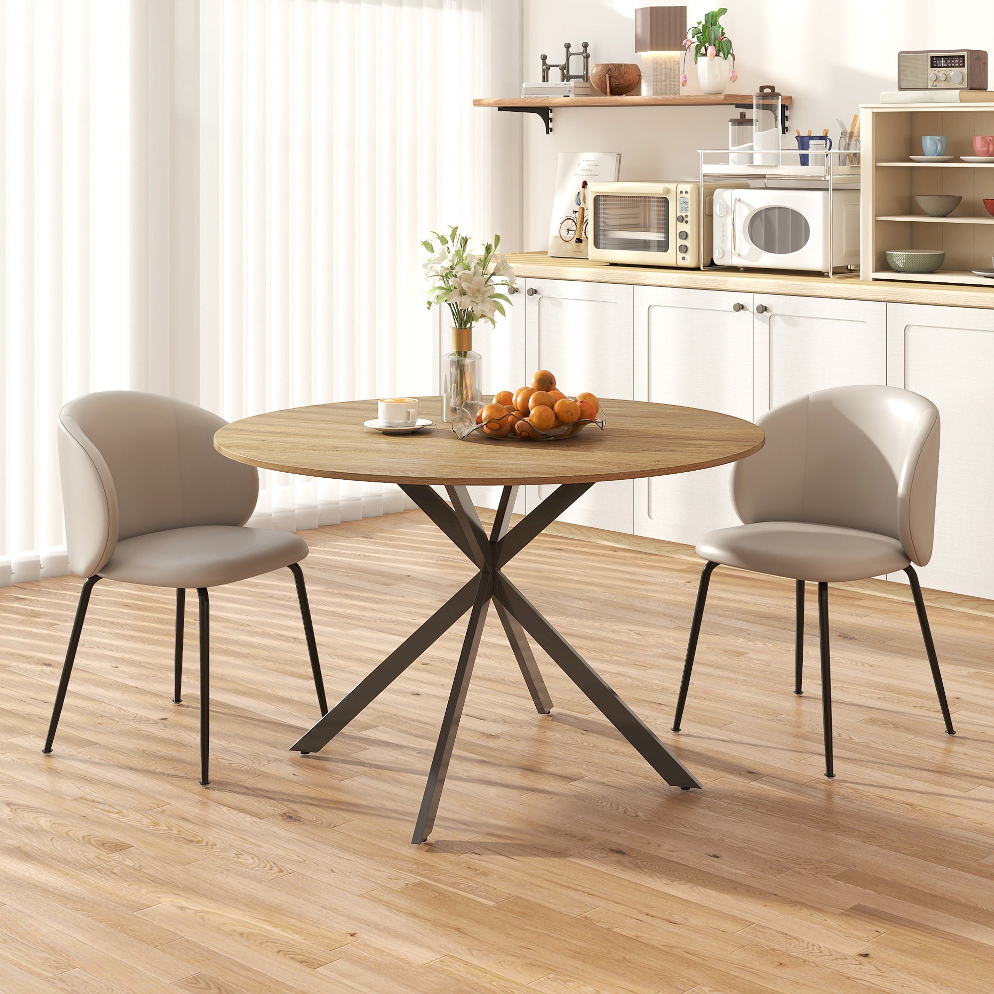 Round Dining Table for 4 Persons, Ø120 Kitchen Table in Industrial Style with Steel Legs, for Dining Room, Kitchen, Home Office, Oak