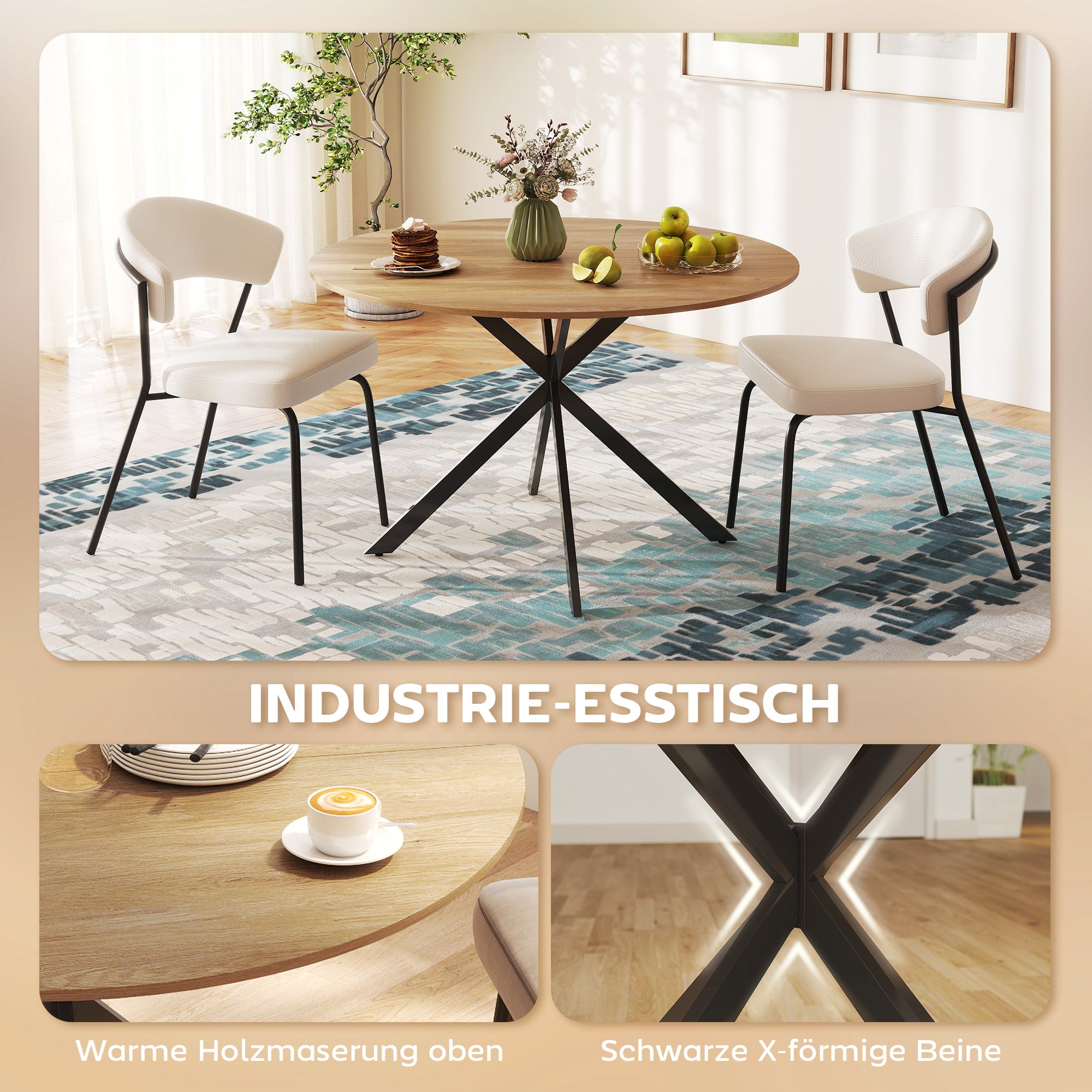 Round Dining Table for 4 Persons, Ø120 Kitchen Table in Industrial Style with Steel Legs, for Dining Room, Kitchen, Home Office, Oak