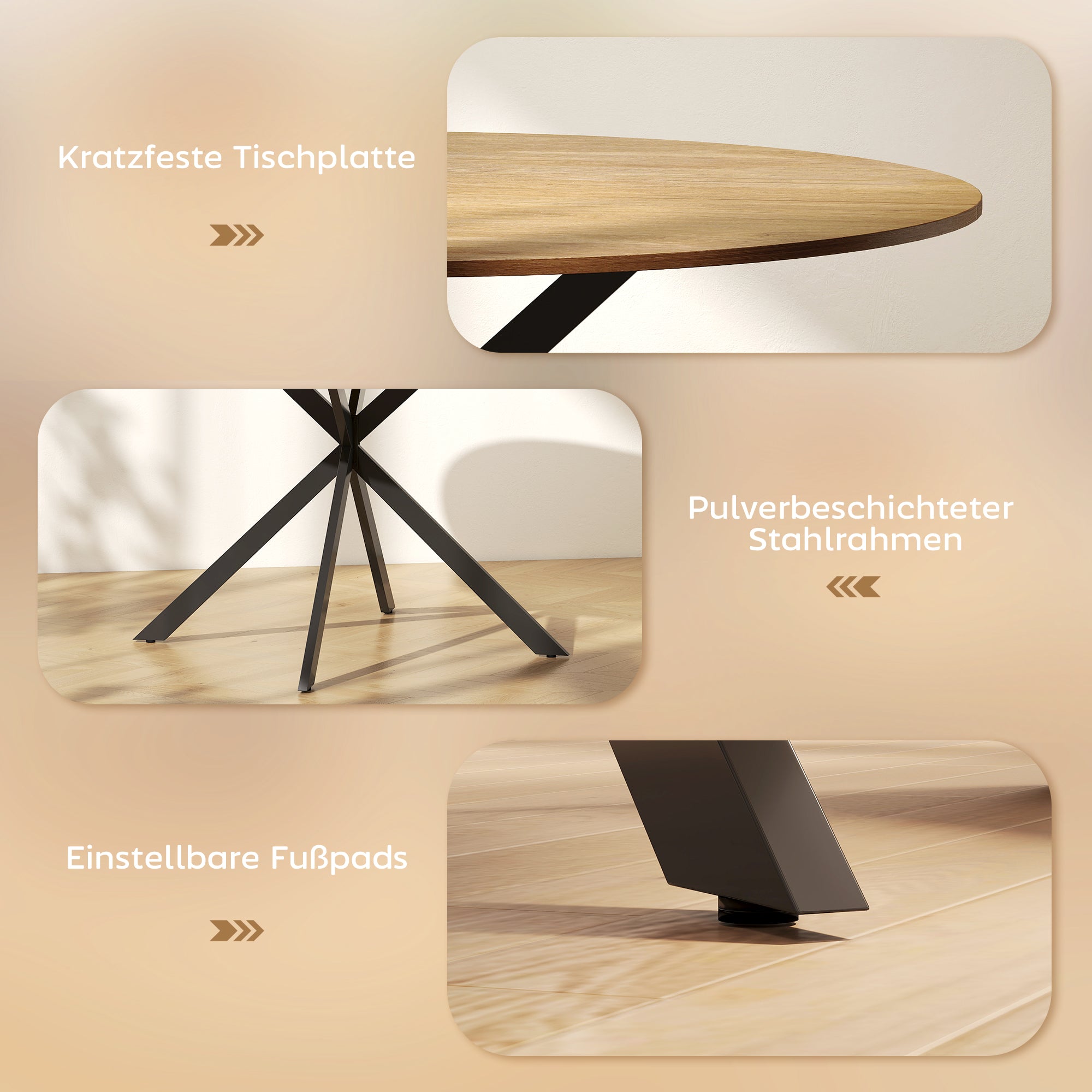 Round Dining Table for 4 Persons, Ø120 Kitchen Table in Industrial Style with Steel Legs, for Dining Room, Kitchen, Home Office, Oak