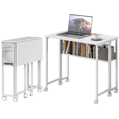Space-Saving Folding Flip-Top Desk, Small Desk with Brake Wheels, Shelf and Storage Pocket, Foldable Computer Table for Home, Study, and Office, 80x50x75 cm, White