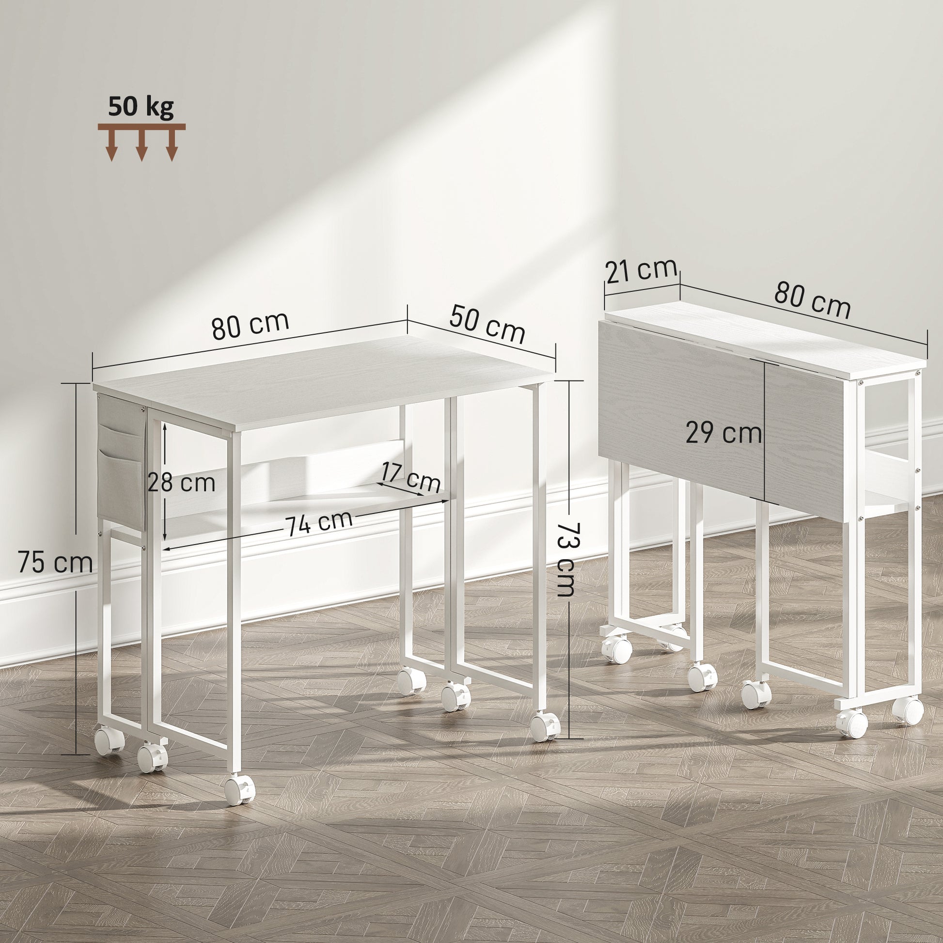 Space-Saving Folding Flip-Top Desk, Small Desk with Brake Wheels, Shelf and Storage Pocket, Foldable Computer Table for Home, Study, and Office, 80x50x75 cm, White