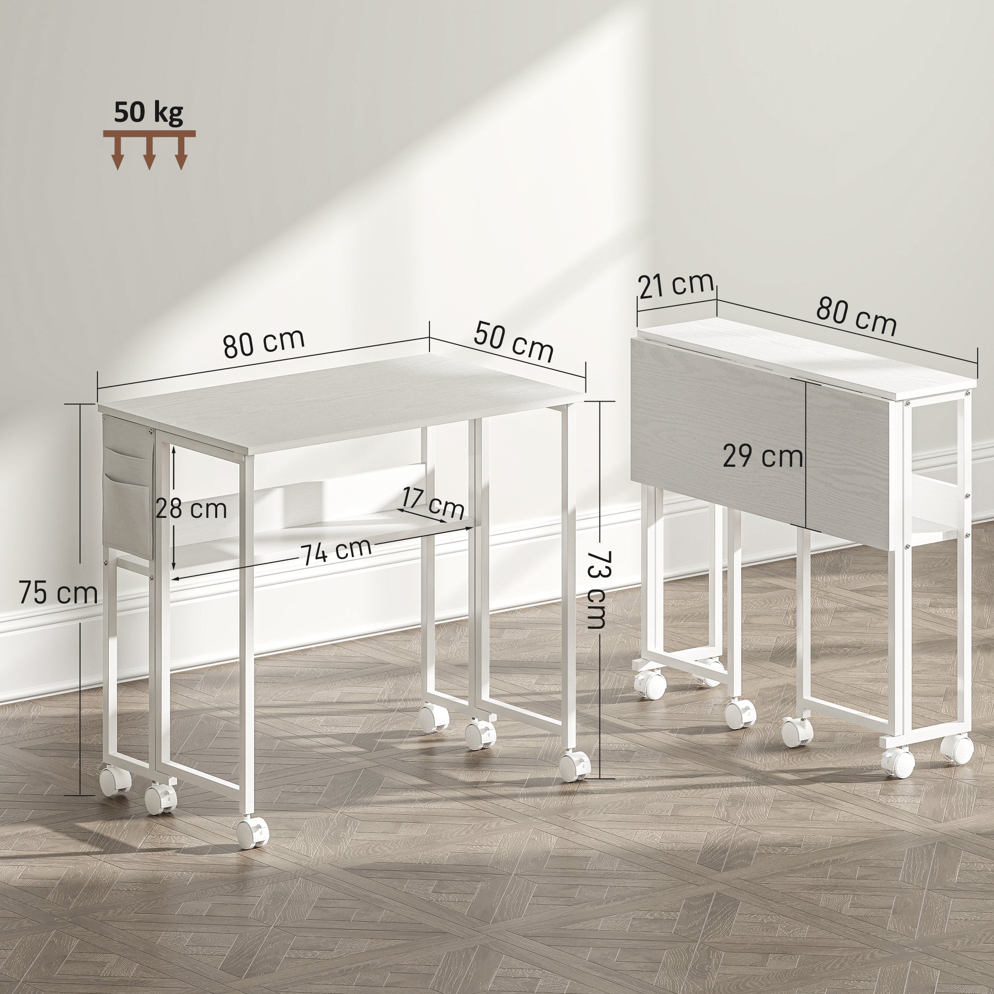 Space-Saving Folding Flip-Top Desk, Small Desk with Brake Wheels, Shelf and Storage Pocket, Foldable Computer Table for Home, Study, and Office, 80x50x75 cm, White