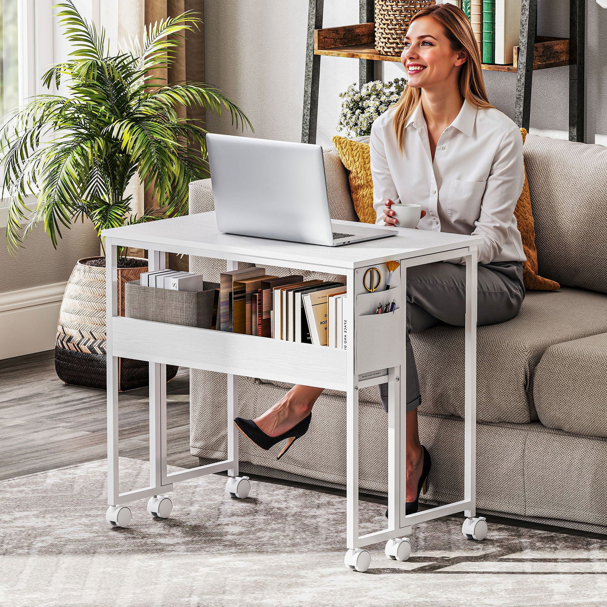 Space-Saving Folding Flip-Top Desk, Small Desk with Brake Wheels, Shelf and Storage Pocket, Foldable Computer Table for Home, Study, and Office, 80x50x75 cm, White