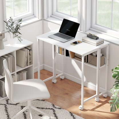 Space-Saving Folding Flip-Top Desk, Small Desk with Brake Wheels, Shelf and Storage Pocket, Foldable Computer Table for Home, Study, and Office, 80x50x75 cm, White
