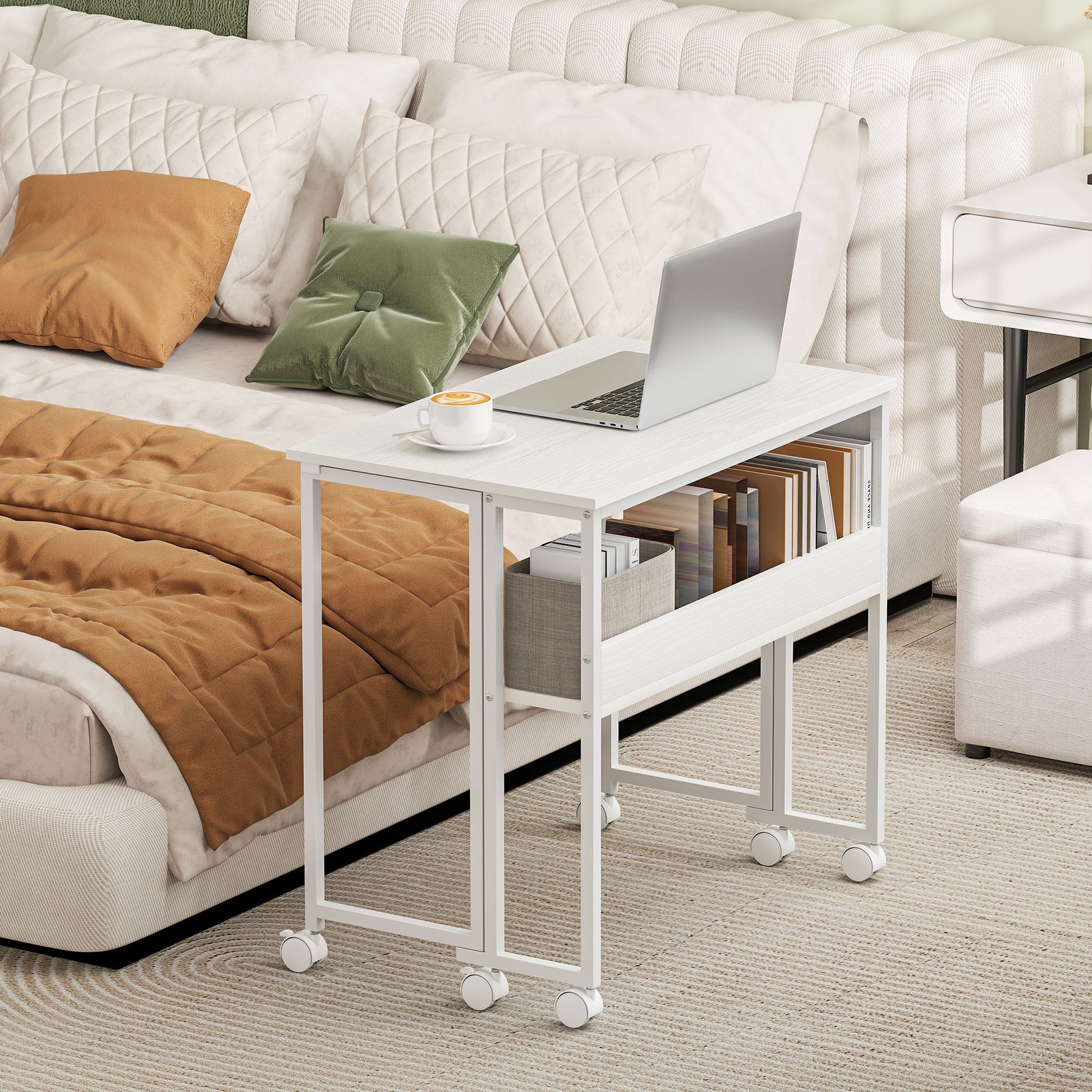 Space-Saving Folding Flip-Top Desk, Small Desk with Brake Wheels, Shelf and Storage Pocket, Foldable Computer Table for Home, Study, and Office, 80x50x75 cm, White