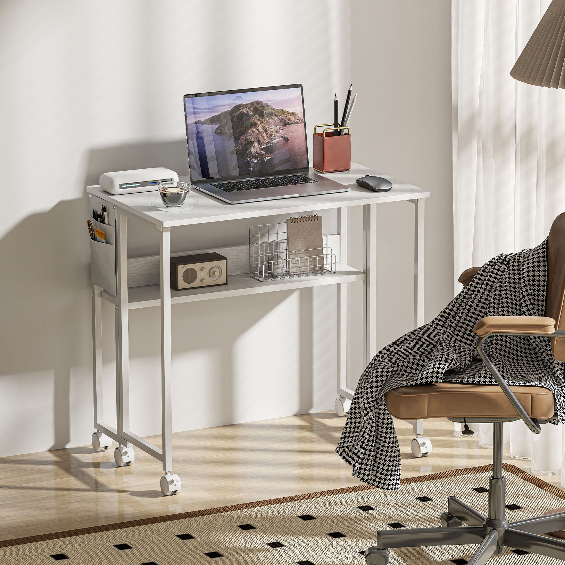 Space-Saving Folding Flip-Top Desk, Small Desk with Brake Wheels, Shelf and Storage Pocket, Foldable Computer Table for Home, Study, and Office, 80x50x75 cm, White
