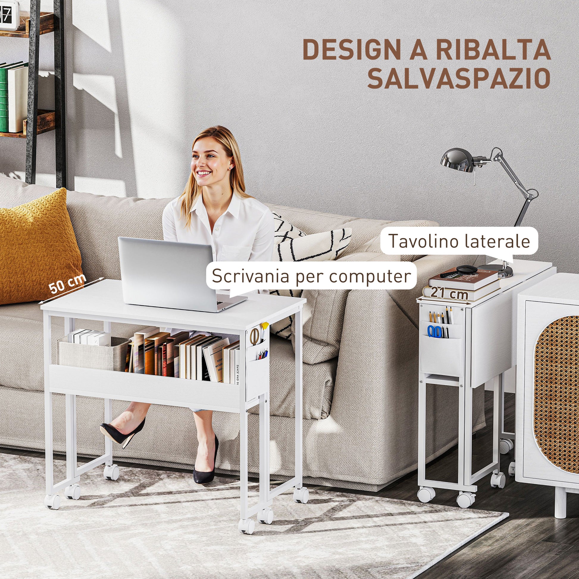 Space-Saving Folding Flip-Top Desk, Small Desk with Brake Wheels, Shelf and Storage Pocket, Foldable Computer Table for Home, Study, and Office, 80x50x75 cm, White