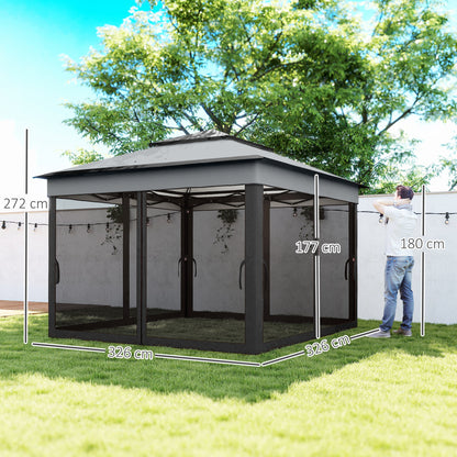 Folding Gazebo 3x3x2.7 m Garden Canopy with Double Roof Adjustable Height 4 Mosquito Nettings UV30+ Protection Waterproof and Carrying Bag for Outdoor Parties Camping Gray
