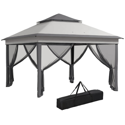 Folding Gazebo 3x3x2.7 m Garden Canopy with Double Roof Adjustable Height 4 Mosquito Nettings UV30+ Protection Waterproof and Carrying Bag for Outdoor Parties Camping Gray