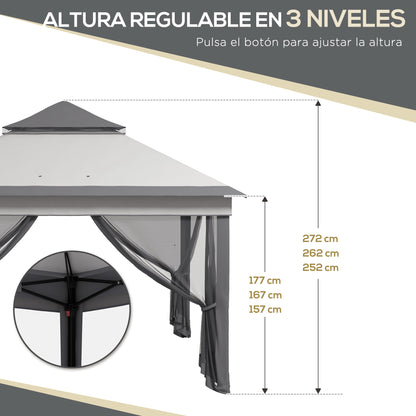 Folding Gazebo 3x3x2.7 m Garden Canopy with Double Roof Adjustable Height 4 Mosquito Nettings UV30+ Protection Waterproof and Carrying Bag for Outdoor Parties Camping Gray