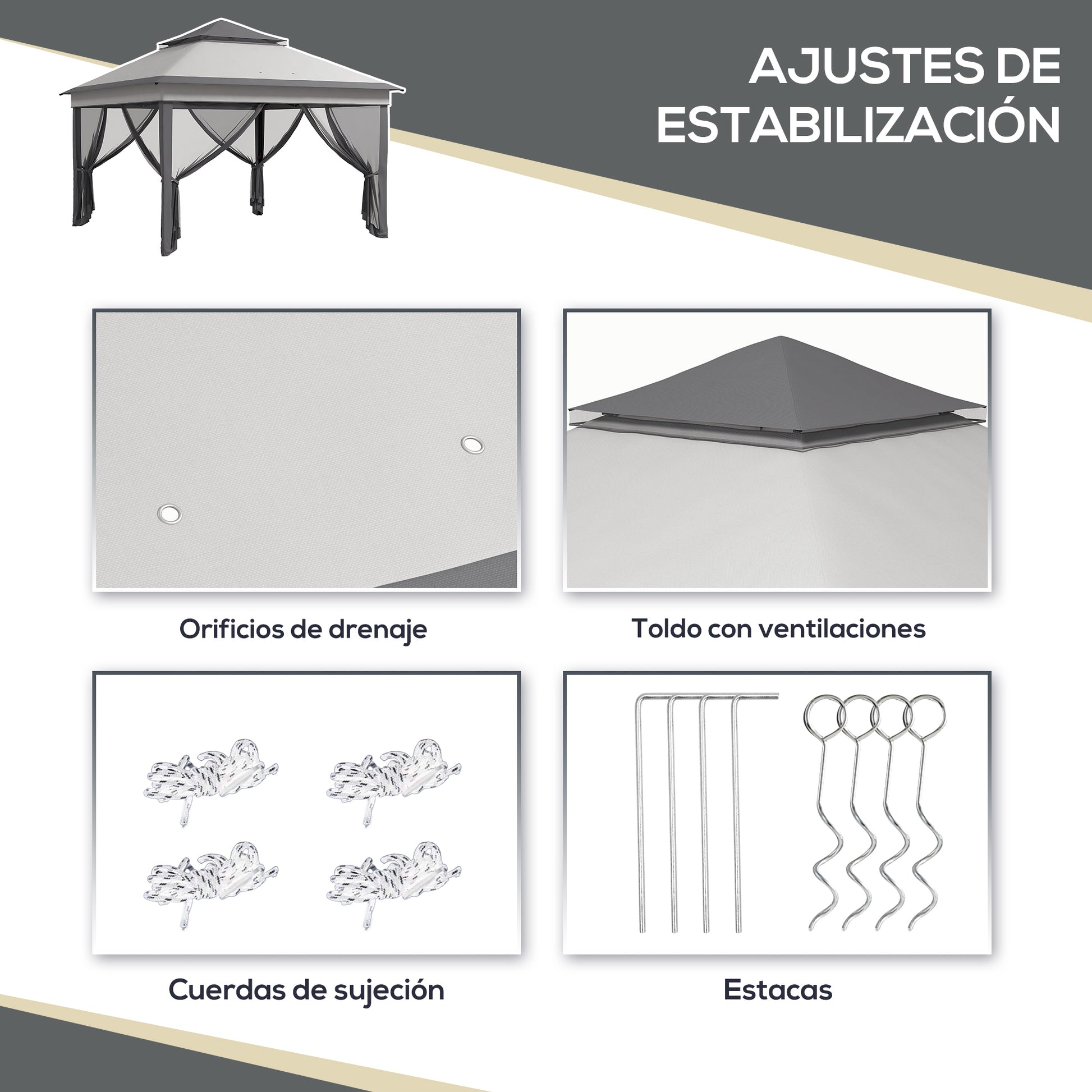 Folding Gazebo 3x3x2.7 m Garden Canopy with Double Roof Adjustable Height 4 Mosquito Nettings UV30+ Protection Waterproof and Carrying Bag for Outdoor Parties Camping Gray