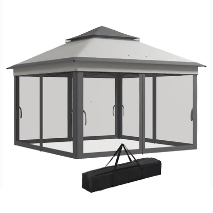 Folding Gazebo 3x3x2.7 m Garden Canopy with Double Roof Adjustable Height 4 Mosquito Nettings UV30+ Protection Waterproof and Carrying Bag for Outdoor Parties Camping Gray