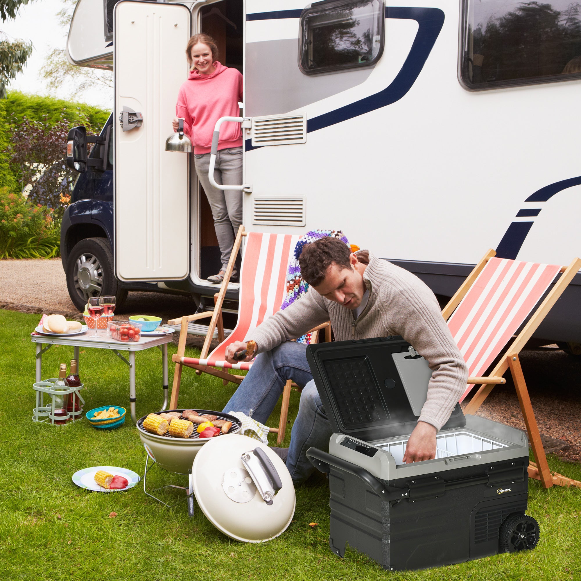 Portable Cooler Box 40L with LED Lighting Compressor Car Fridge with Handles Transport Wheels Boat Camper Travel 12/24V DC and 110-240V AC Grey+Black