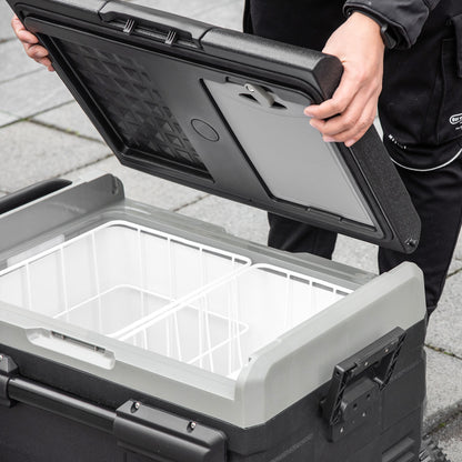 Portable Cooler Box 40L with LED Lighting Compressor Car Fridge with Handles Transport Wheels Boat Camper Travel 12/24V DC and 110-240V AC Grey+Black