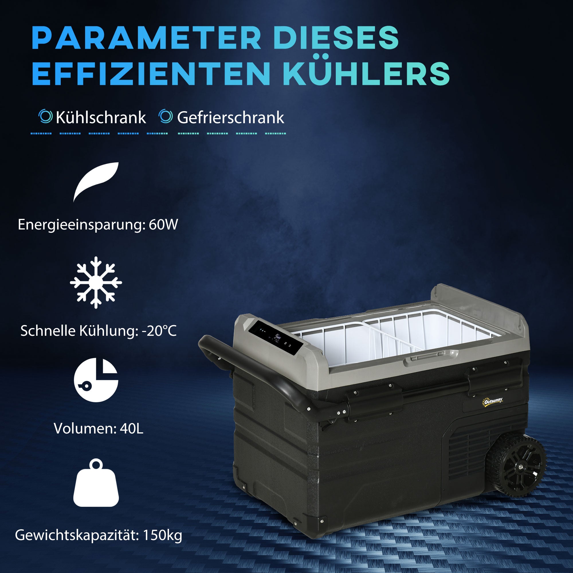 Portable Cooler Box 40L with LED Lighting Compressor Car Fridge with Handles Transport Wheels Boat Camper Travel 12/24V DC and 110-240V AC Grey+Black