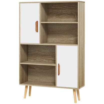 Scandinavian Bookcase 4 Shelves + 2 Cabinets with Adjustable Shelf 80L x 24W x 123H cm Tapered Inclined Solid Pine Wood Legs Oak
