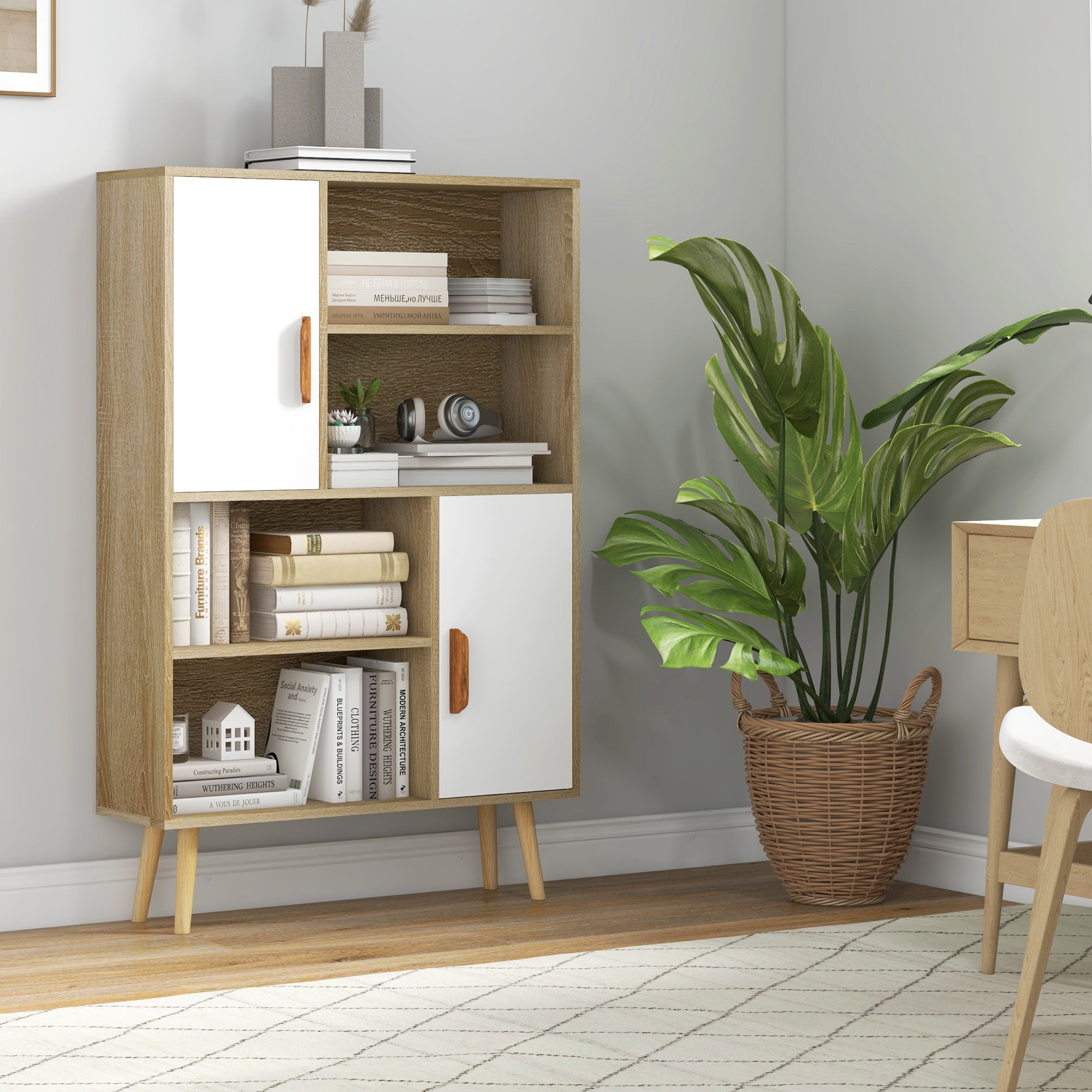 Scandinavian Bookcase 4 Shelves + 2 Cabinets with Adjustable Shelf 80L x 24W x 123H cm Tapered Inclined Solid Pine Wood Legs Oak