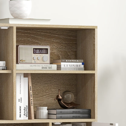 Scandinavian Bookcase 4 Shelves + 2 Cabinets with Adjustable Shelf 80L x 24W x 123H cm Tapered Inclined Solid Pine Wood Legs Oak