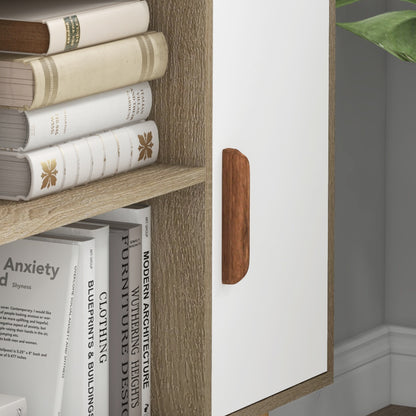 Scandinavian Bookcase 4 Shelves + 2 Cabinets with Adjustable Shelf 80L x 24W x 123H cm Tapered Inclined Solid Pine Wood Legs Oak