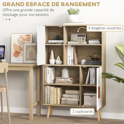 Scandinavian Bookcase 4 Shelves + 2 Cabinets with Adjustable Shelf 80L x 24W x 123H cm Tapered Inclined Solid Pine Wood Legs Oak