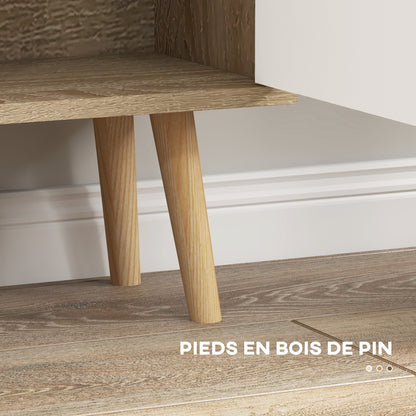 Scandinavian Bookcase 4 Shelves + 2 Cabinets with Adjustable Shelf 80L x 24W x 123H cm Tapered Inclined Solid Pine Wood Legs Oak