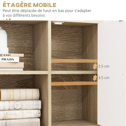 Scandinavian Bookcase 4 Shelves + 2 Cabinets with Adjustable Shelf 80L x 24W x 123H cm Tapered Inclined Solid Pine Wood Legs Oak