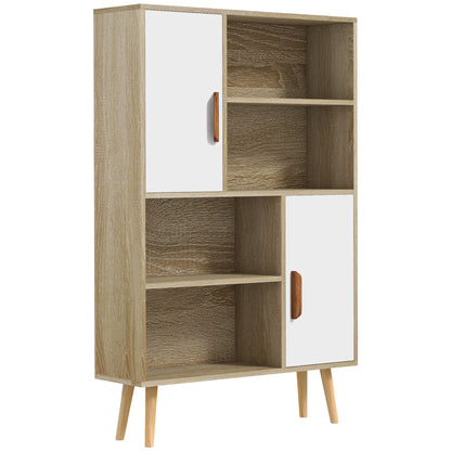 Scandinavian Bookcase 4 Shelves + 2 Cabinets with Adjustable Shelf 80L x 24W x 123H cm Tapered Inclined Solid Pine Wood Legs Oak