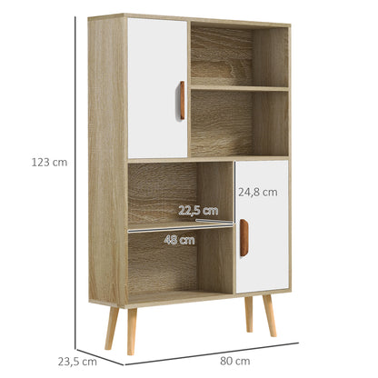 Scandinavian Bookcase 4 Shelves + 2 Cabinets with Adjustable Shelf 80L x 24W x 123H cm Tapered Inclined Solid Pine Wood Legs Oak