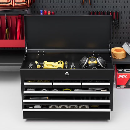 Tool Chest, Tool Box without Tools, with 6 Drawers, Lock, Tool Case with Handle, Tool Chest, Steel, Black, 60 x 26 x 34 cm