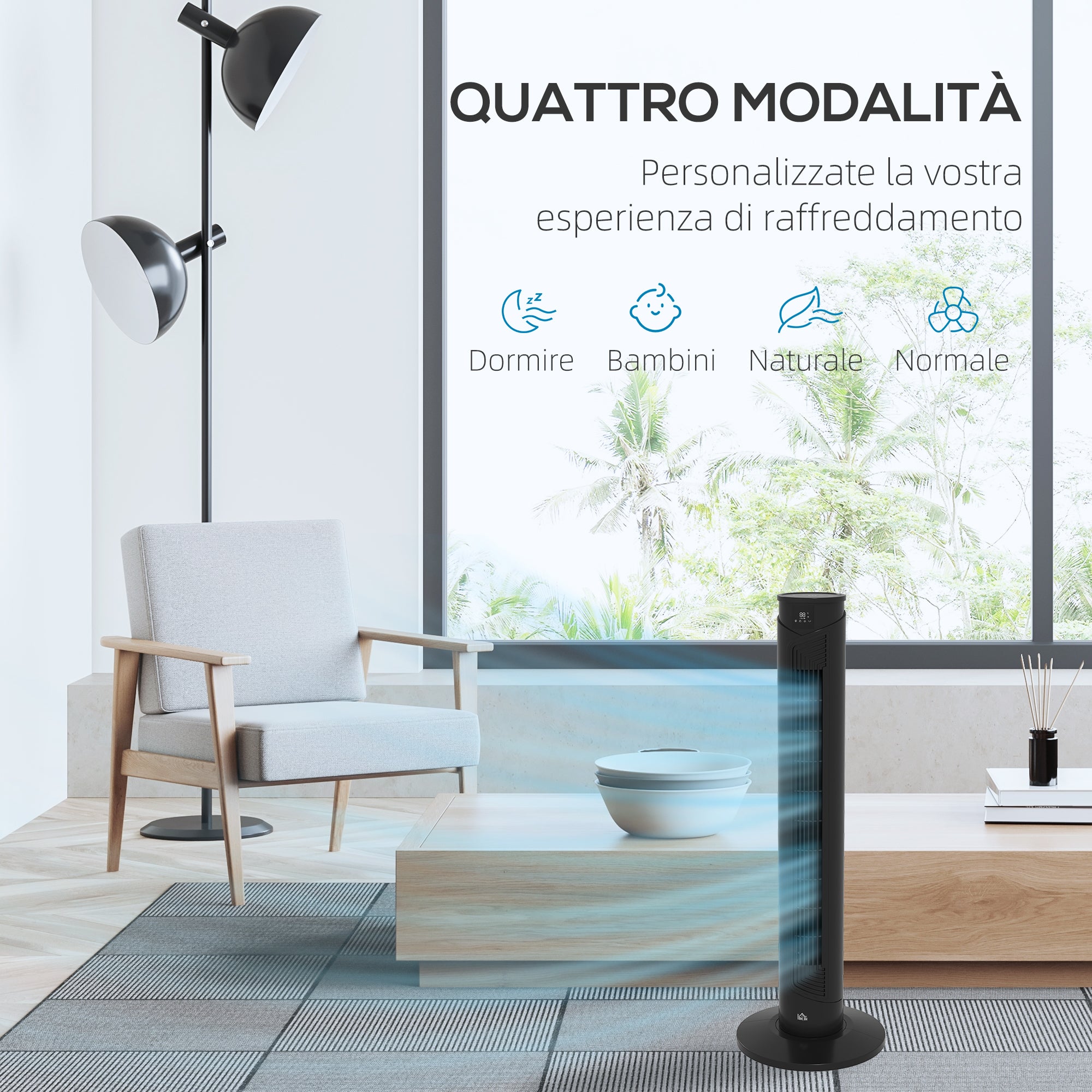 45W Tower Fan with 4 Modes and 3 Speeds with 12h Timer, ABS Floor Fan with Remote Control and Air Filters, Ø31.5x93 cm, Black