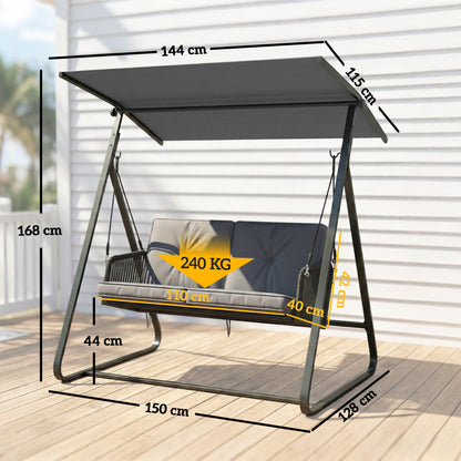 2‑Seater Rattan Hollywood Swing with Adjustable Sun Canopy and Soft Cushions, A‑Frame — Holds up to 240 kg (529 lb) — 150 x 128 x 168 cm / 59 x 50 x 66 in — Dark Gray