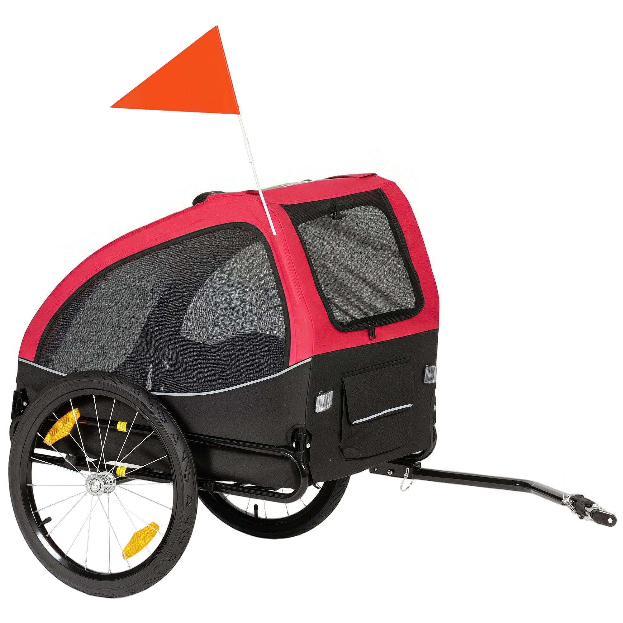 Foldable Dog Bike Trailer with Reflectors, Mesh Windows, Wheels, Door & Safety Flag — Red (up to 44 lb)