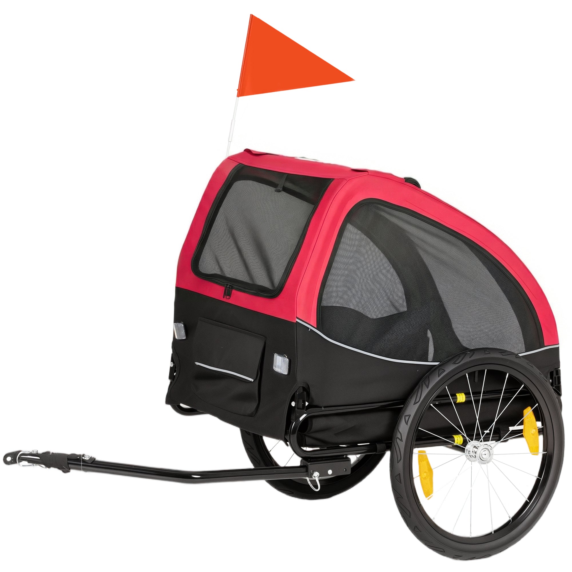 Foldable Dog Bike Trailer with Reflectors, Mesh Windows, Wheels, Door & Safety Flag — Red (up to 44 lb)