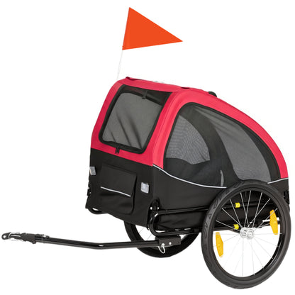 Foldable Dog Bike Trailer with Reflectors, Mesh Windows, Wheels, Door & Safety Flag — Red (up to 44 lb)