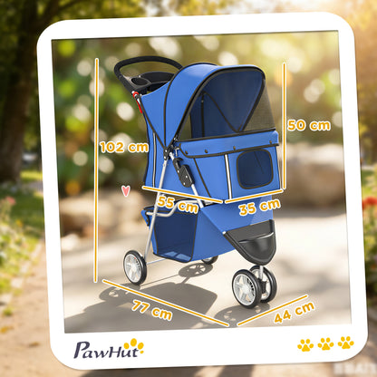 Foldable Pet Stroller for Small Dogs — Mesh Windows, Storage Basket & Cup Holder, 22 lb Capacity, Blue