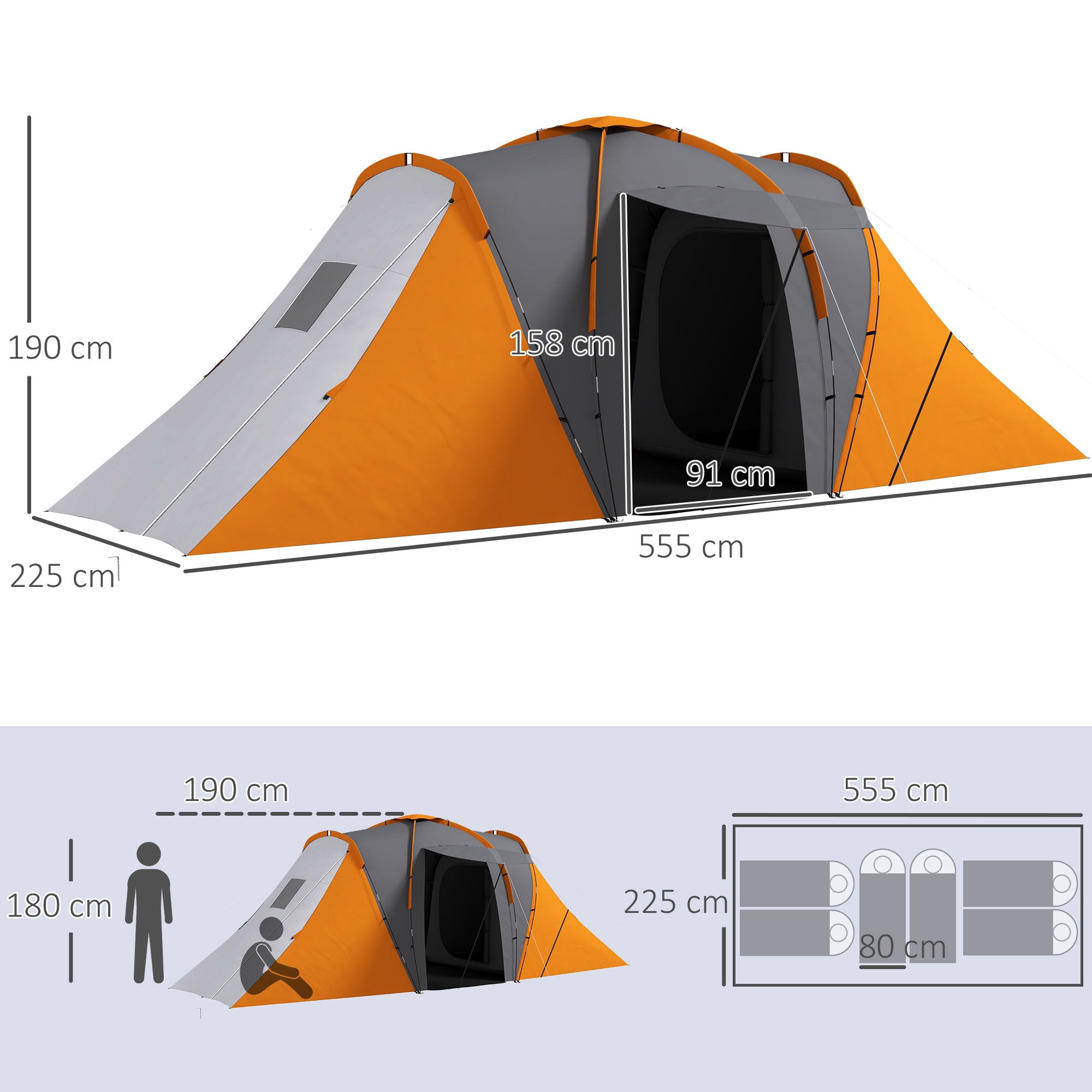 Tunnel Tent for 4–6 People — 2 Bedrooms + Living Area, 2000 mm Waterproof, Gray & Orange