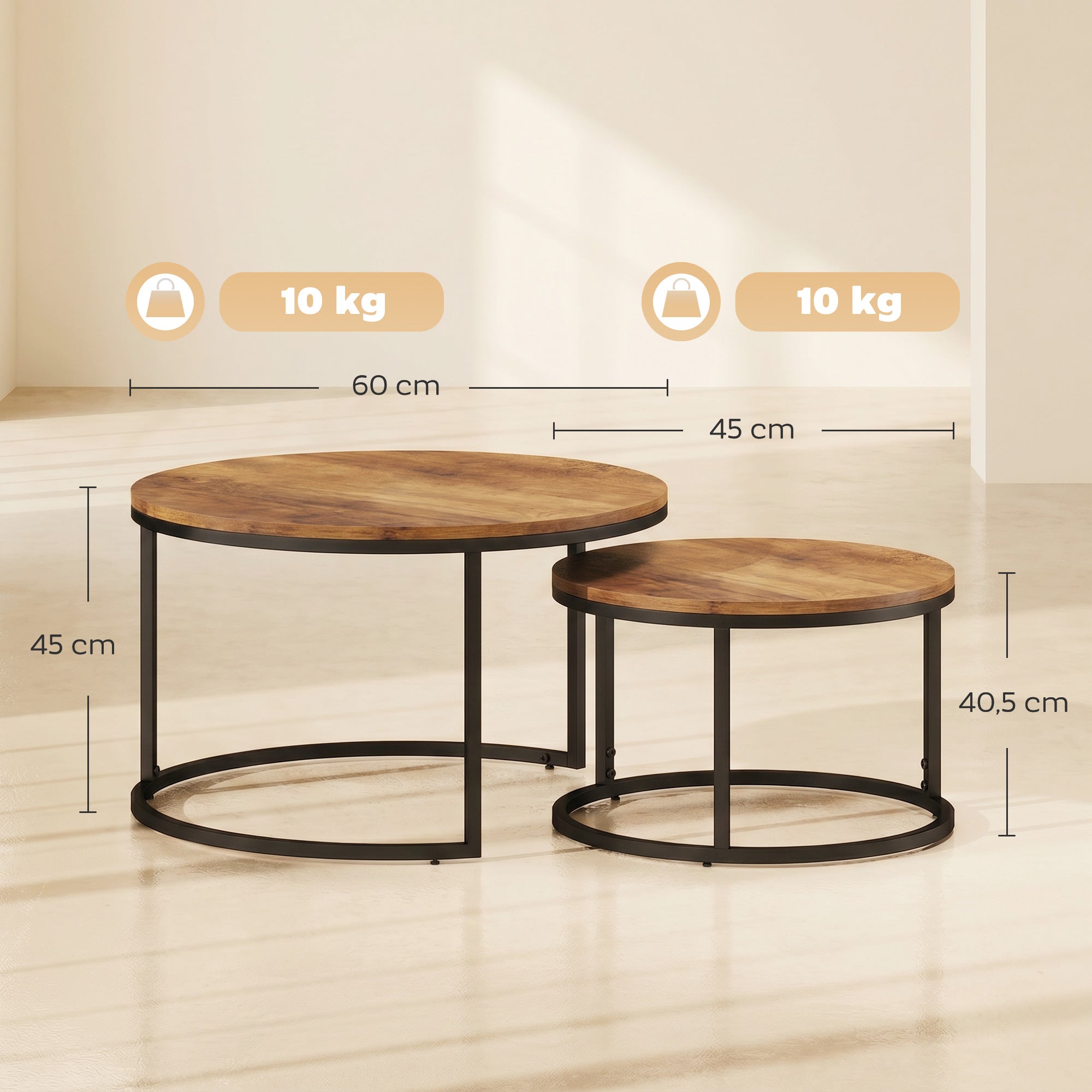 2-Piece Round Nesting Coffee Tables — Industrial Metal Frame, Brown Wood-Effect Tops (Large 23.6×23.6×17.7 in / Small 17.7×17.7×15.9 in)