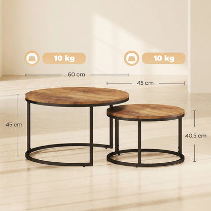 2-Piece Round Nesting Coffee Tables — Industrial Metal Frame, Brown Wood-Effect Tops (Large 23.6×23.6×17.7 in / Small 17.7×17.7×15.9 in)