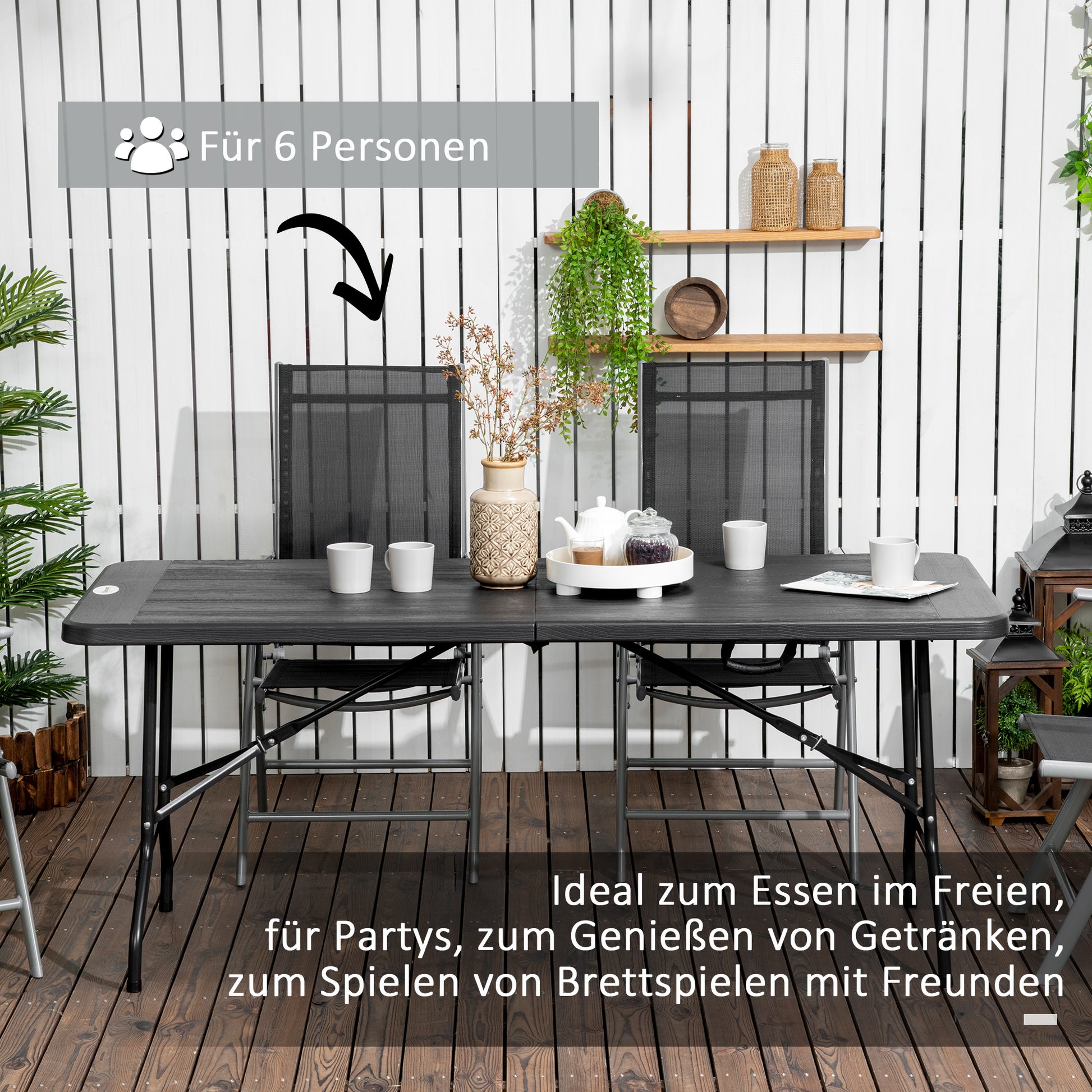 Garden Table Folding Table for 6 People, Buffet Table with Steel Frame, Terrace Table in Wood Look, HDPE, 180 x 75.5 x 73 cm, Dark Gray