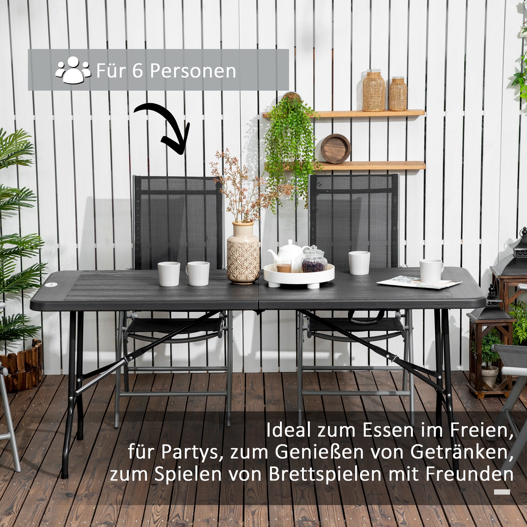 Garden Table Folding Table for 6 People, Buffet Table with Steel Frame, Terrace Table in Wood Look, HDPE, 180 x 75.5 x 73 cm, Dark Gray