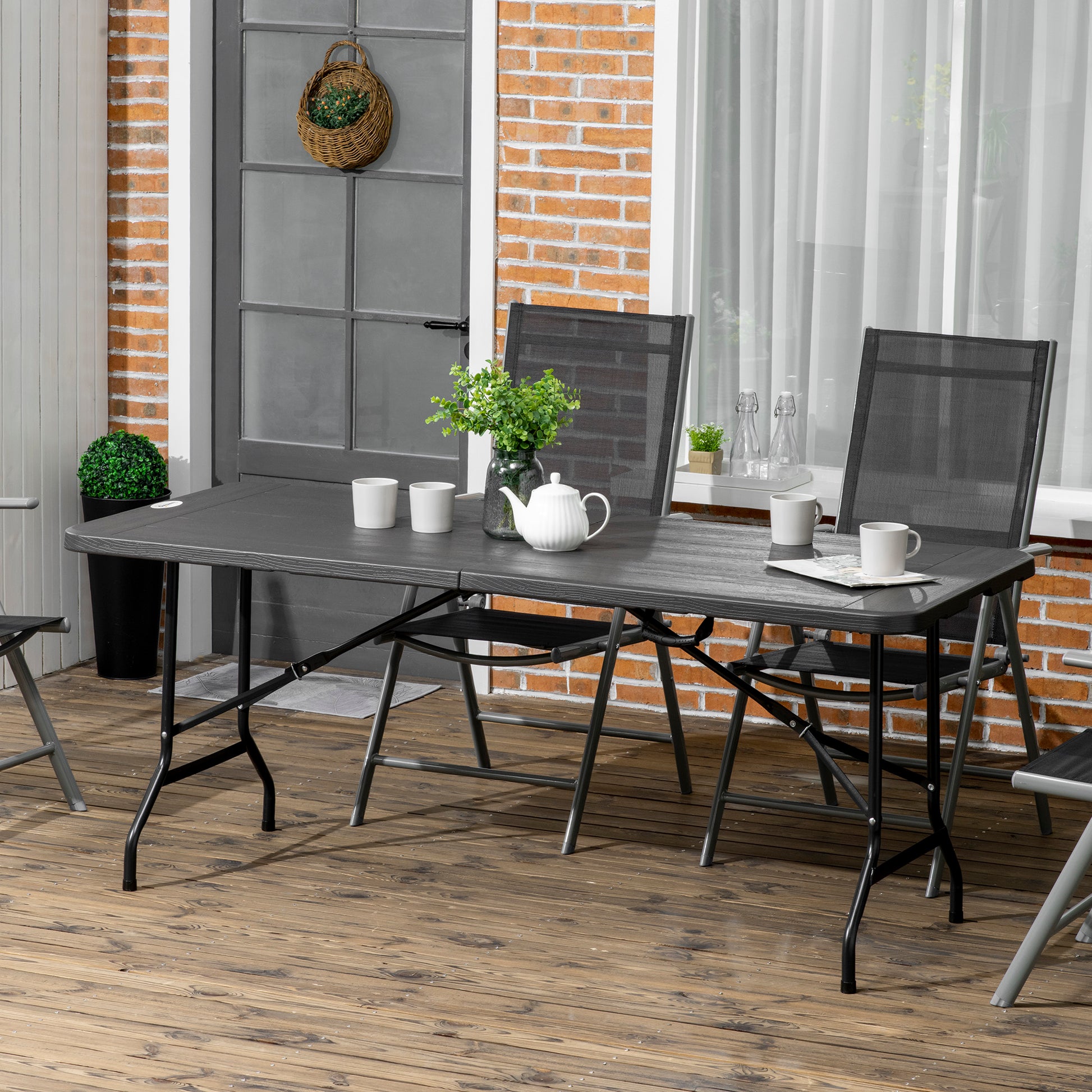 Garden Table Folding Table for 6 People, Buffet Table with Steel Frame, Terrace Table in Wood Look, HDPE, 180 x 75.5 x 73 cm, Dark Gray