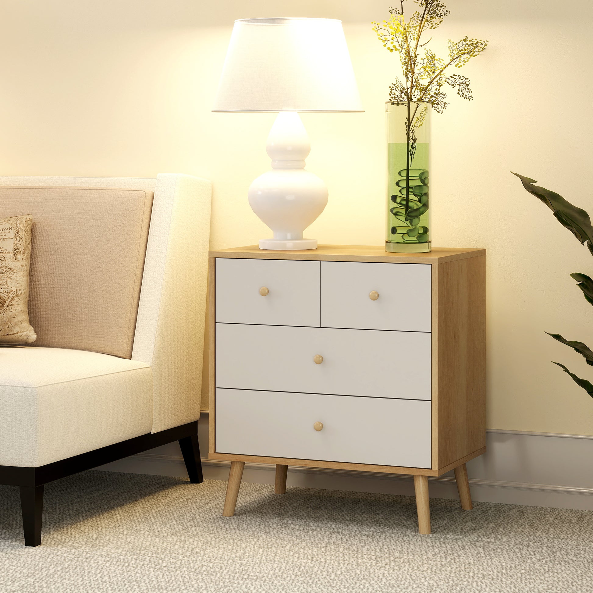4-Drawer Chest Dresser for Bedroom with Wooden Handles, Narrow Chest of Drawers for Living Room Hallway 60x35x65 cm Oak and White
