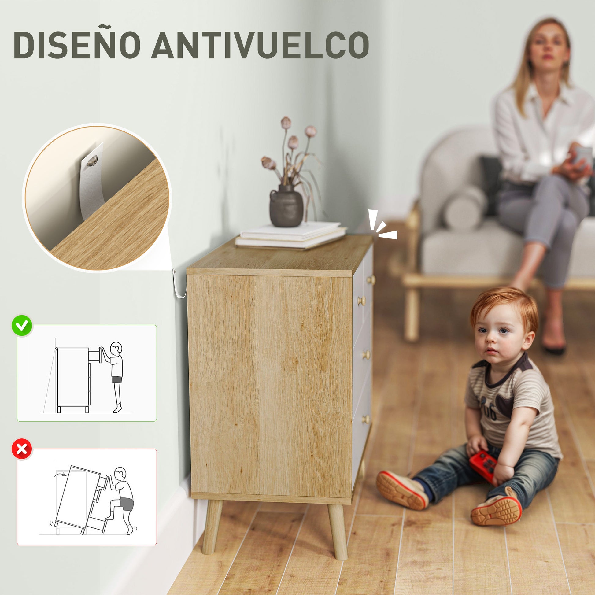 4-Drawer Chest Dresser for Bedroom with Wooden Handles, Narrow Chest of Drawers for Living Room Hallway 60x35x65 cm Oak and White